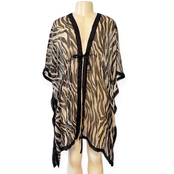Club Z Zebra Animal Print Cover Up‎ Beach Swim Pool Tunic Tie Open Sheer Kimono - Picture 1 of 9